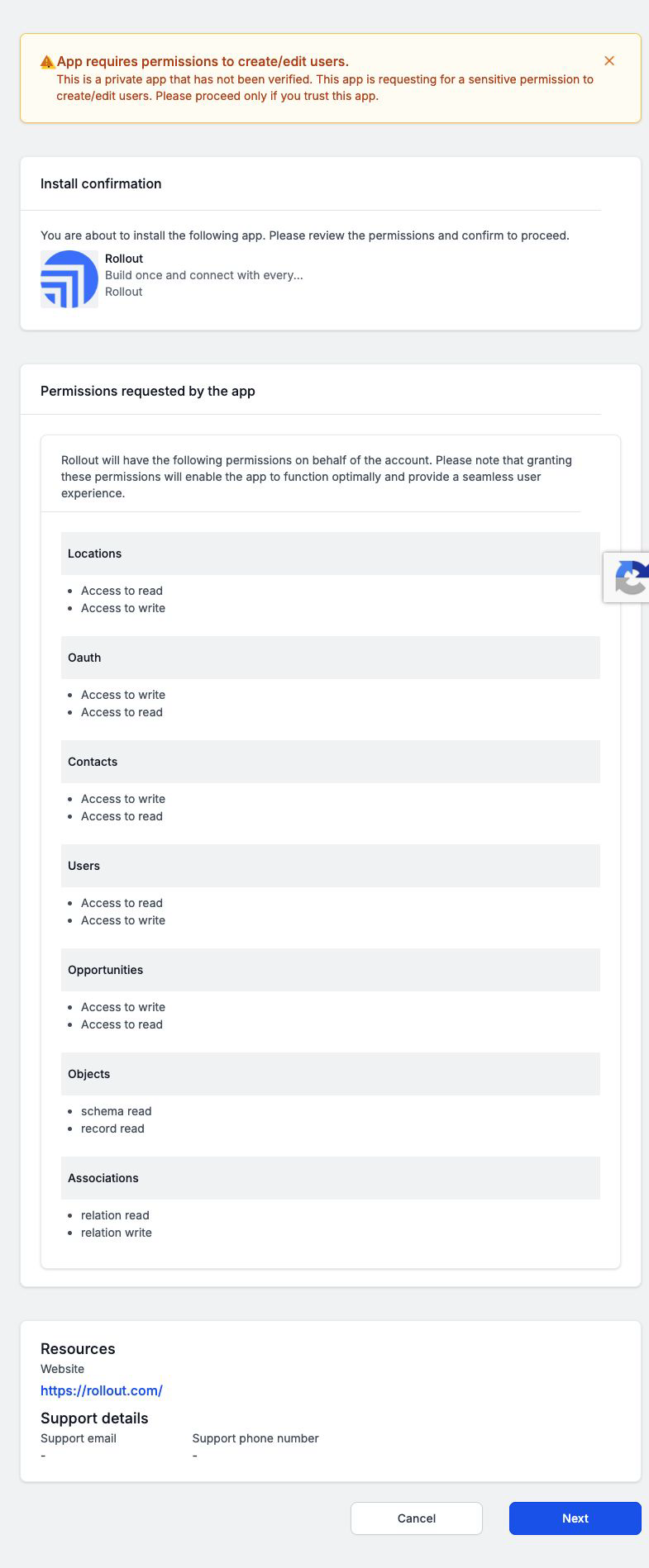 HighLevel Install confirmation showing the permissions requested by Rollout and the Next button