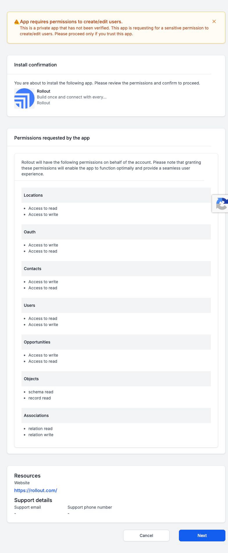 HighLevel Install confirmation showing the permissions requested by Rollout and the Next button