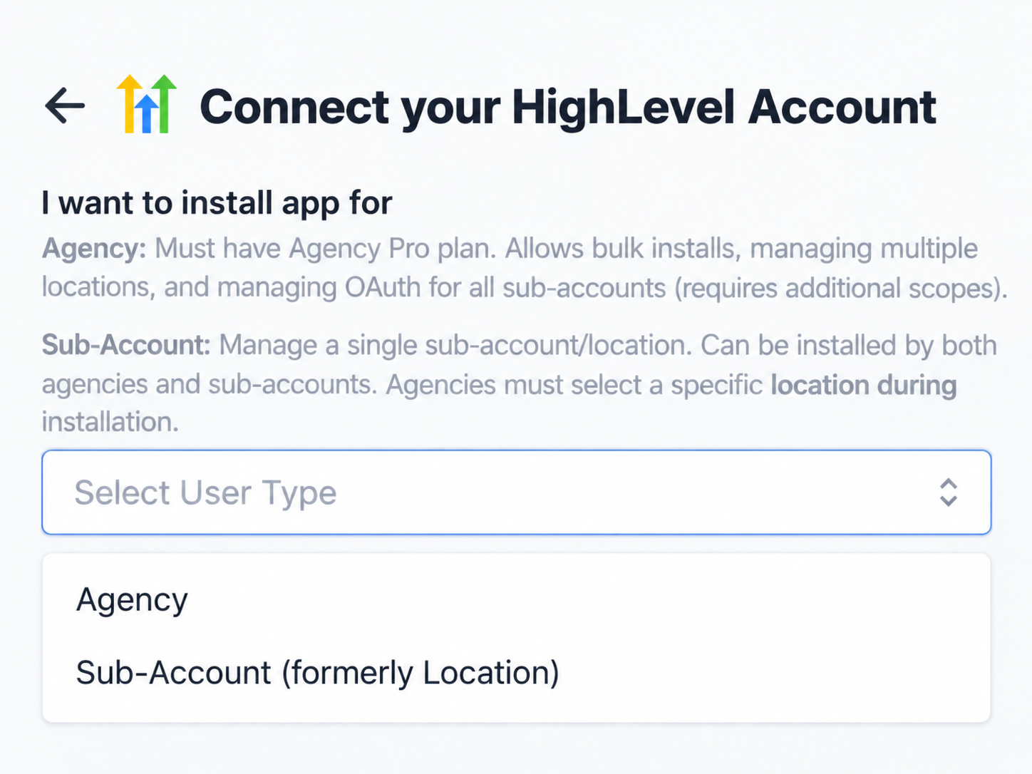 Mobile close-up of the open HighLevel installation-scope menu showing Agency and Sub-Account
