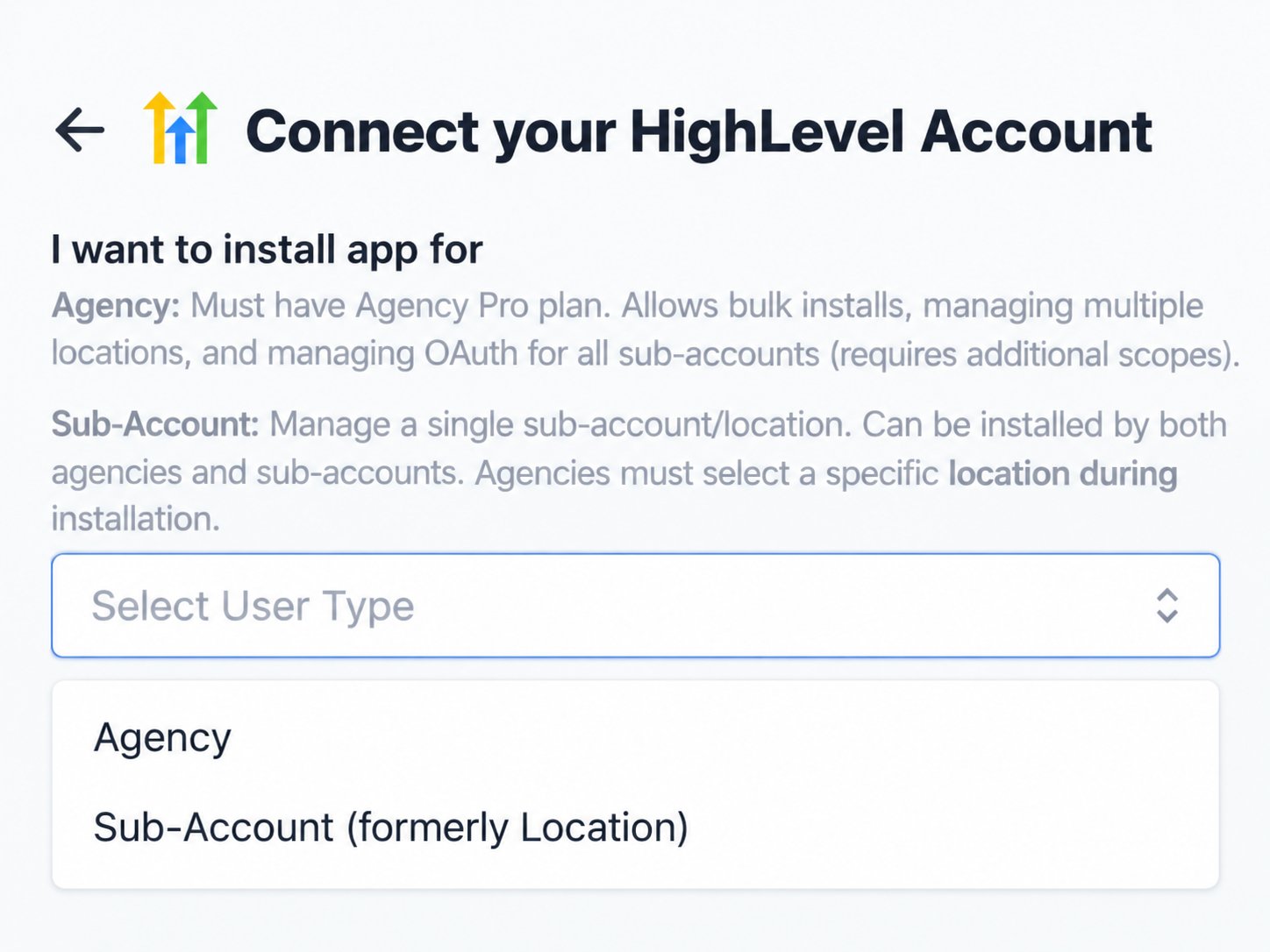 Mobile close-up of the open HighLevel installation-scope menu showing Agency and Sub-Account