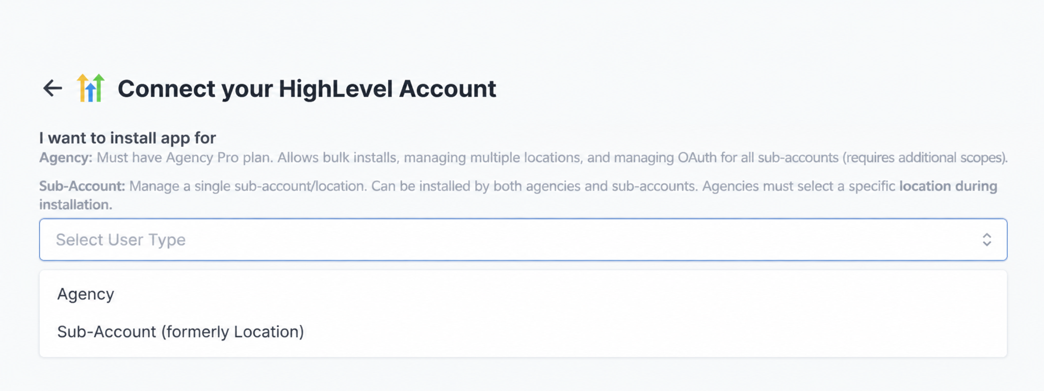 The open HighLevel installation-scope menu showing Agency and Sub-Account (formerly Location)