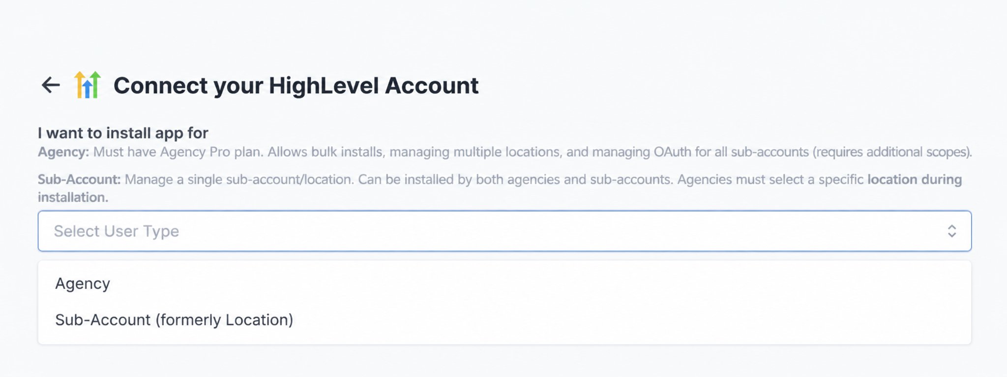 The open HighLevel installation-scope menu showing Agency and Sub-Account (formerly Location)
