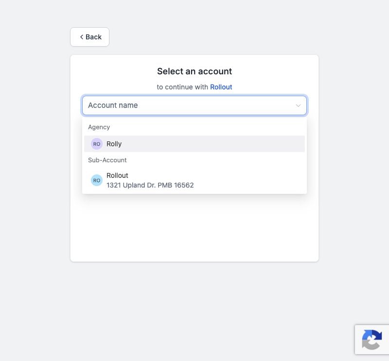 HighLevel Select an account screen with separate Agency and Sub-Account choices