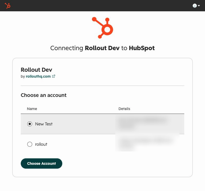 HubSpot account-selection page for Rollout Dev with the Choose Account button