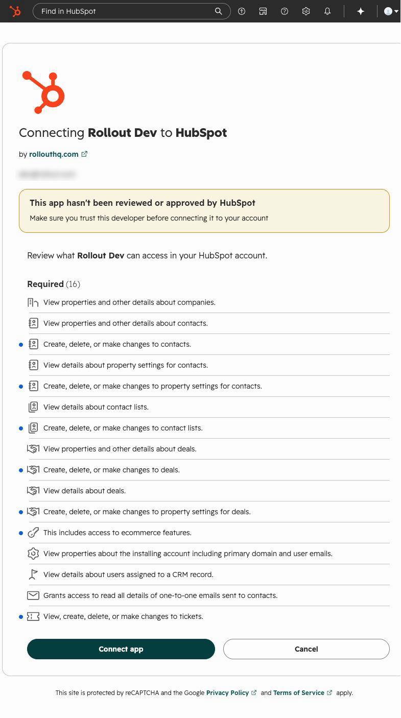 HubSpot permissions page for Rollout Dev with the Connect app button