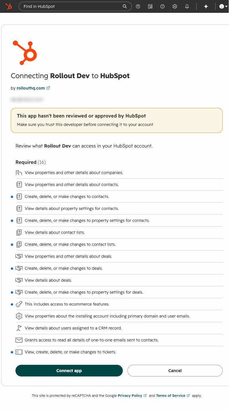 HubSpot permissions page for Rollout Dev with the Connect app button