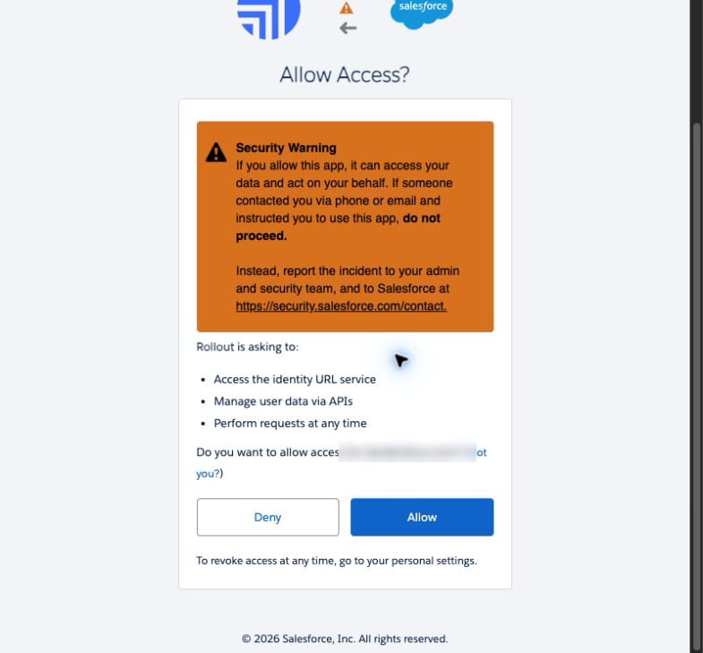 The Salesforce Allow Access page for Rollout with the Allow button visible
