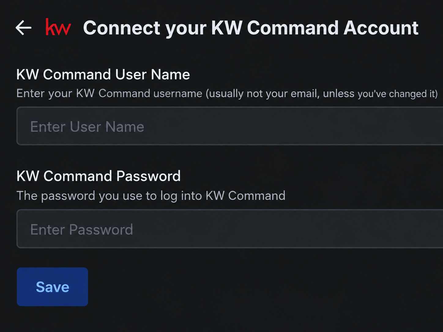 Mobile close-up of the KW Command username, password, and Save controls
