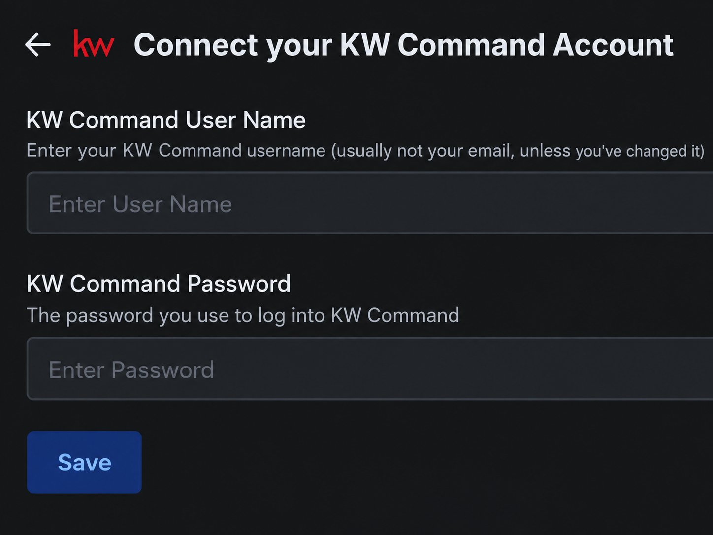 Mobile close-up of the KW Command username, password, and Save controls