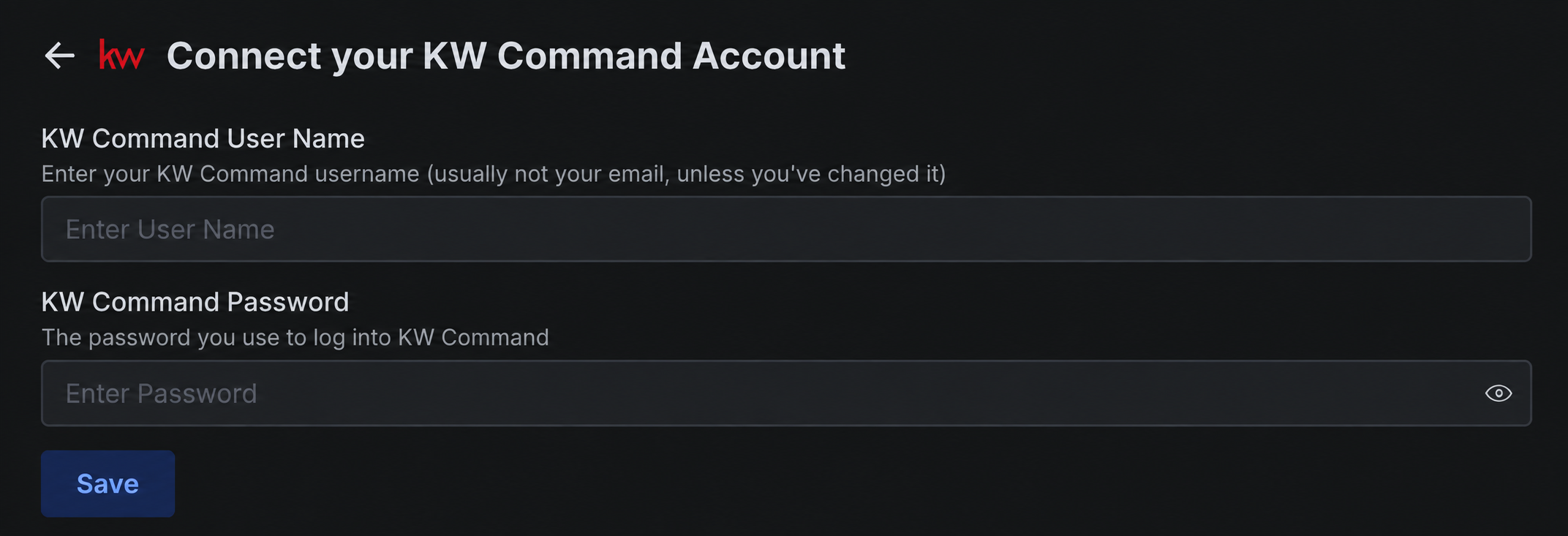The Rollout-powered KW Command connection form with the username, password, and Save controls