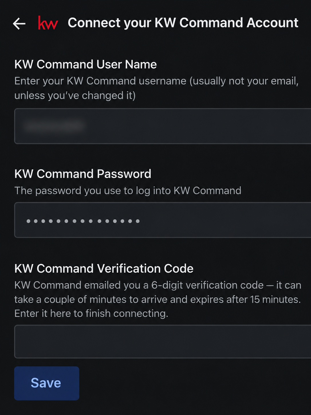 Mobile close-up of the KW Command verification-code field and Save button