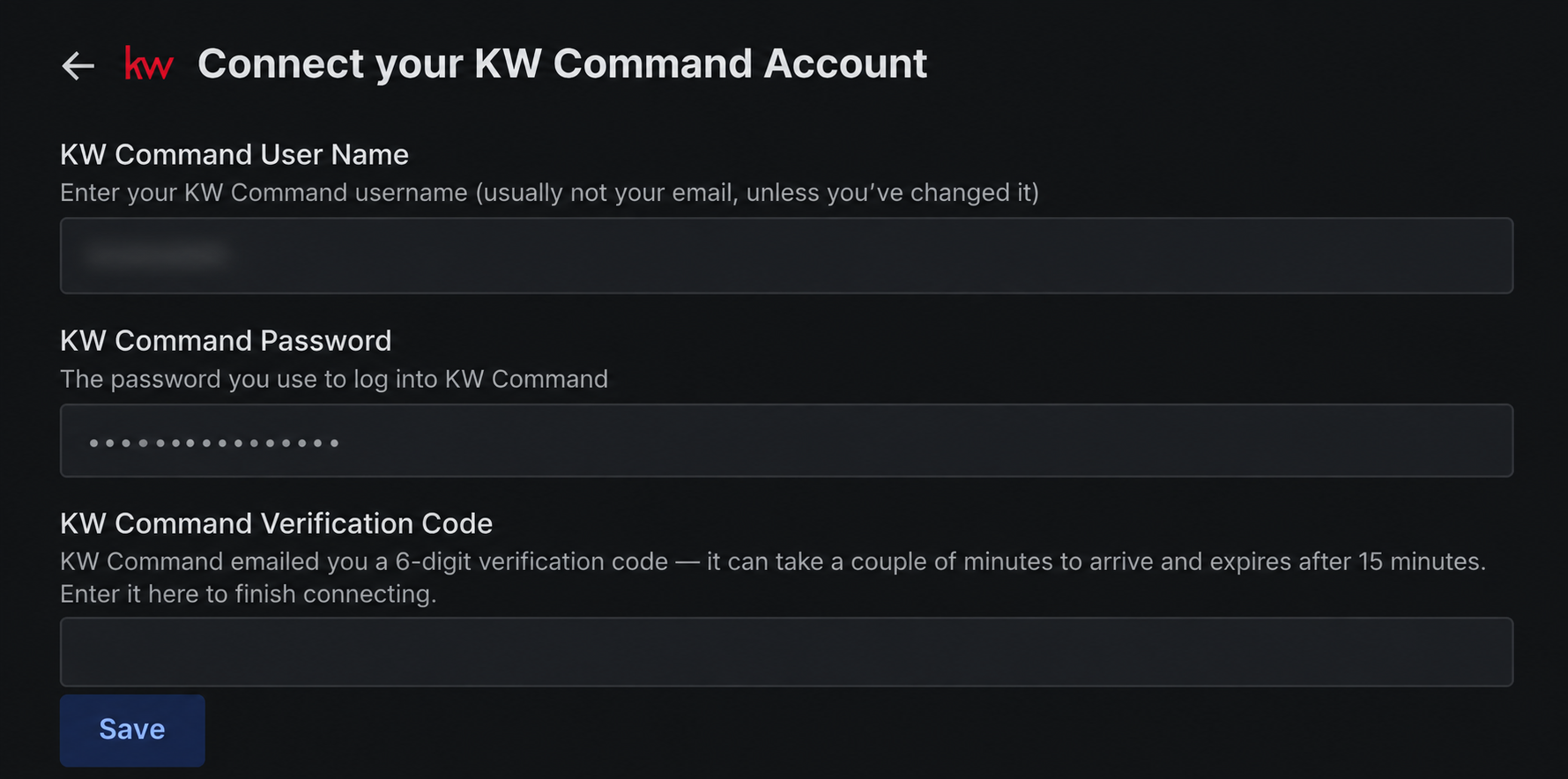 The Rollout KW Command connection form showing the verification-code field and Save button