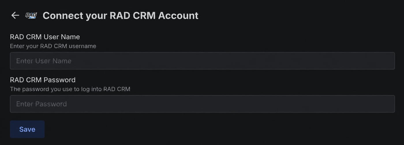 RAD CRM connection form showing the RAD CRM User Name and RAD CRM Password fields and the Save button