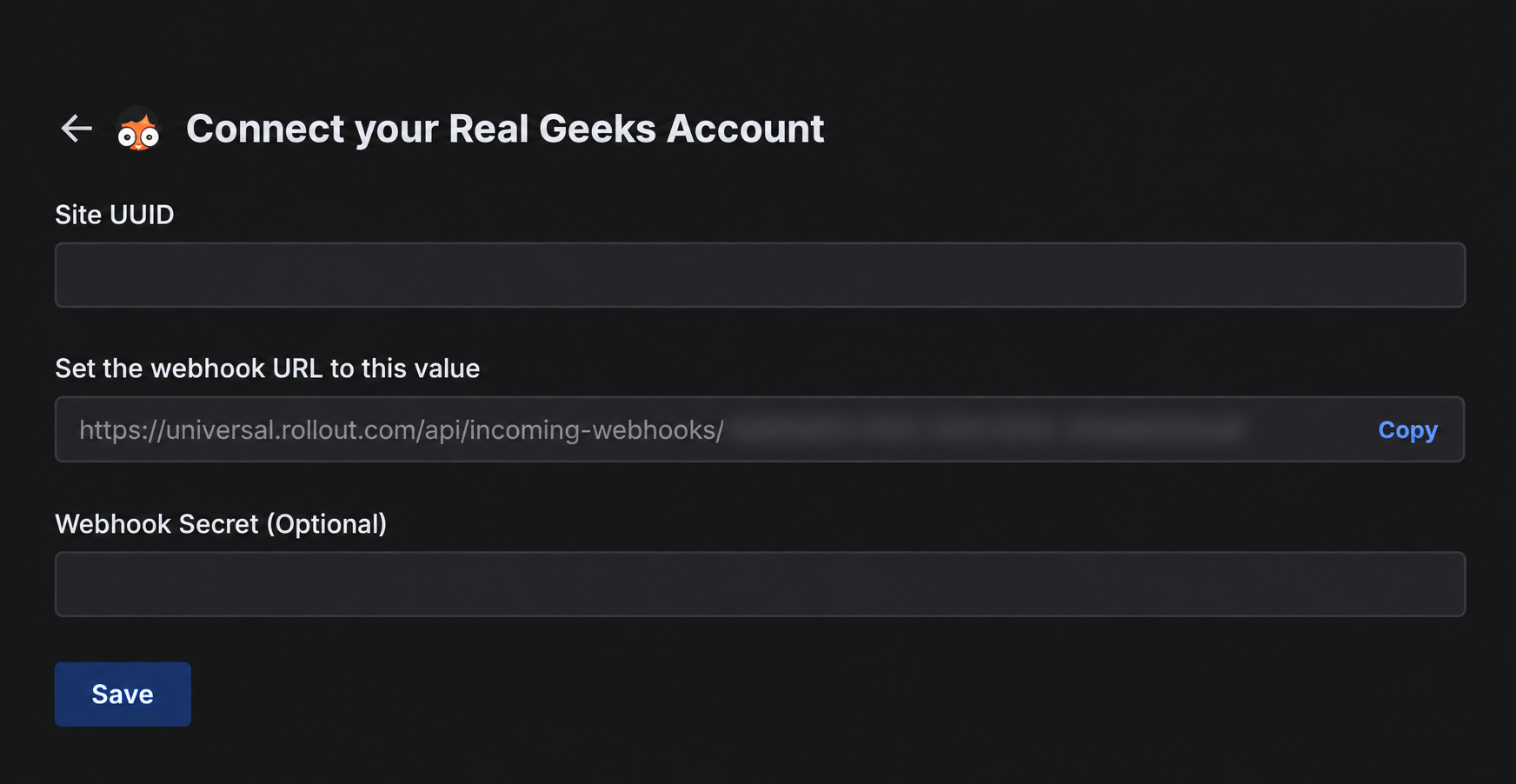 Real Geeks connection form showing Site UUID, generated webhook URL, optional Webhook Secret, and Save