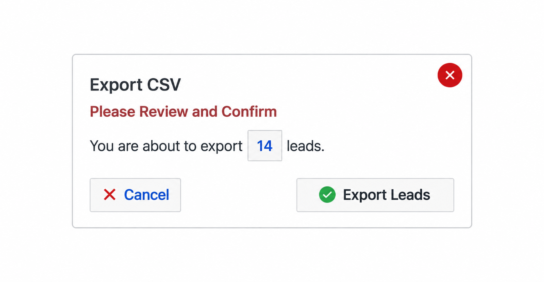 Real Geeks export confirmation showing the lead count and Export Leads button
