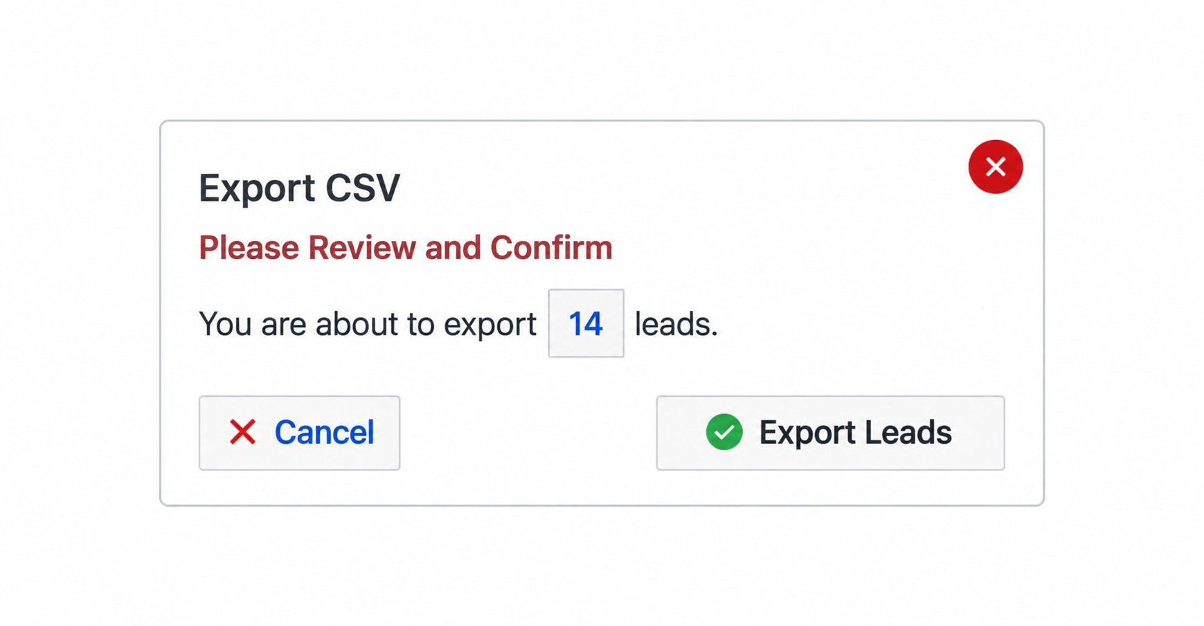 Real Geeks export confirmation showing the lead count and Export Leads button