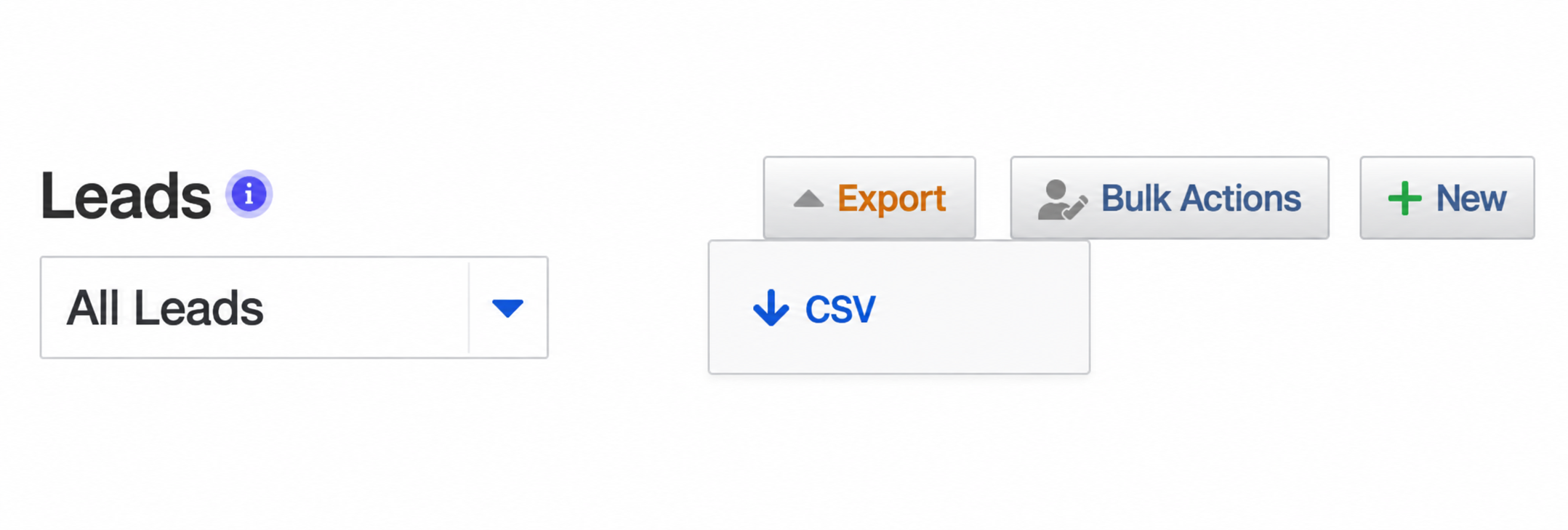 Real Geeks Leads page with the Export menu open and CSV visible