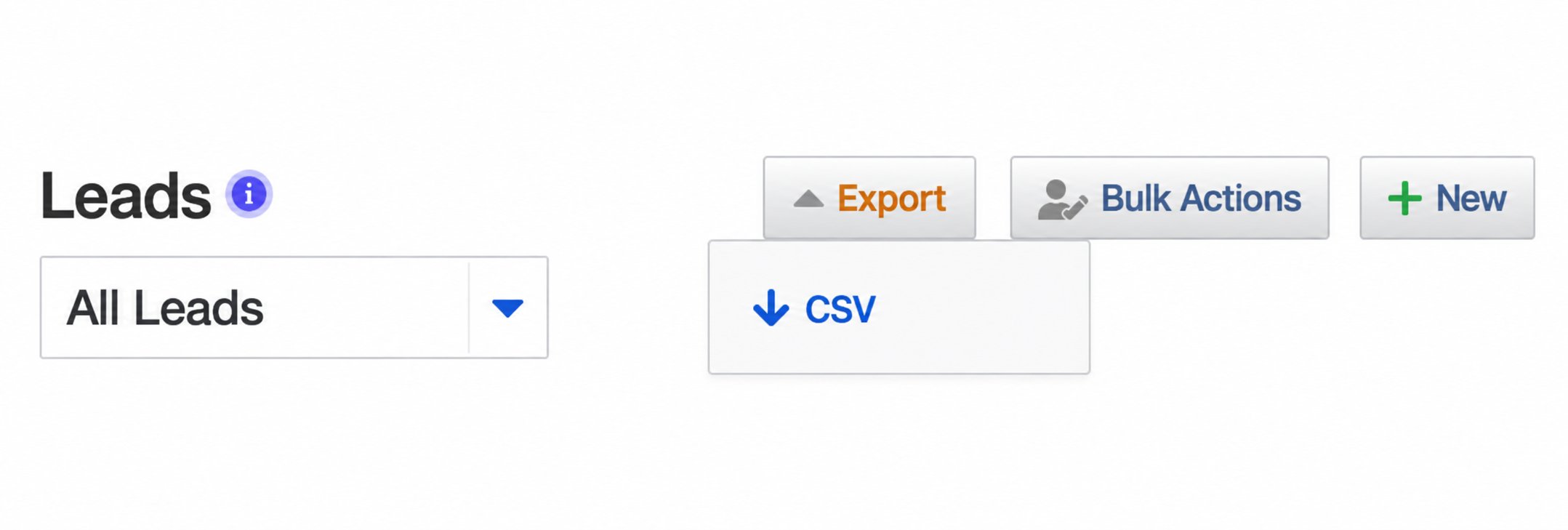 Real Geeks Leads page with the Export menu open and CSV visible