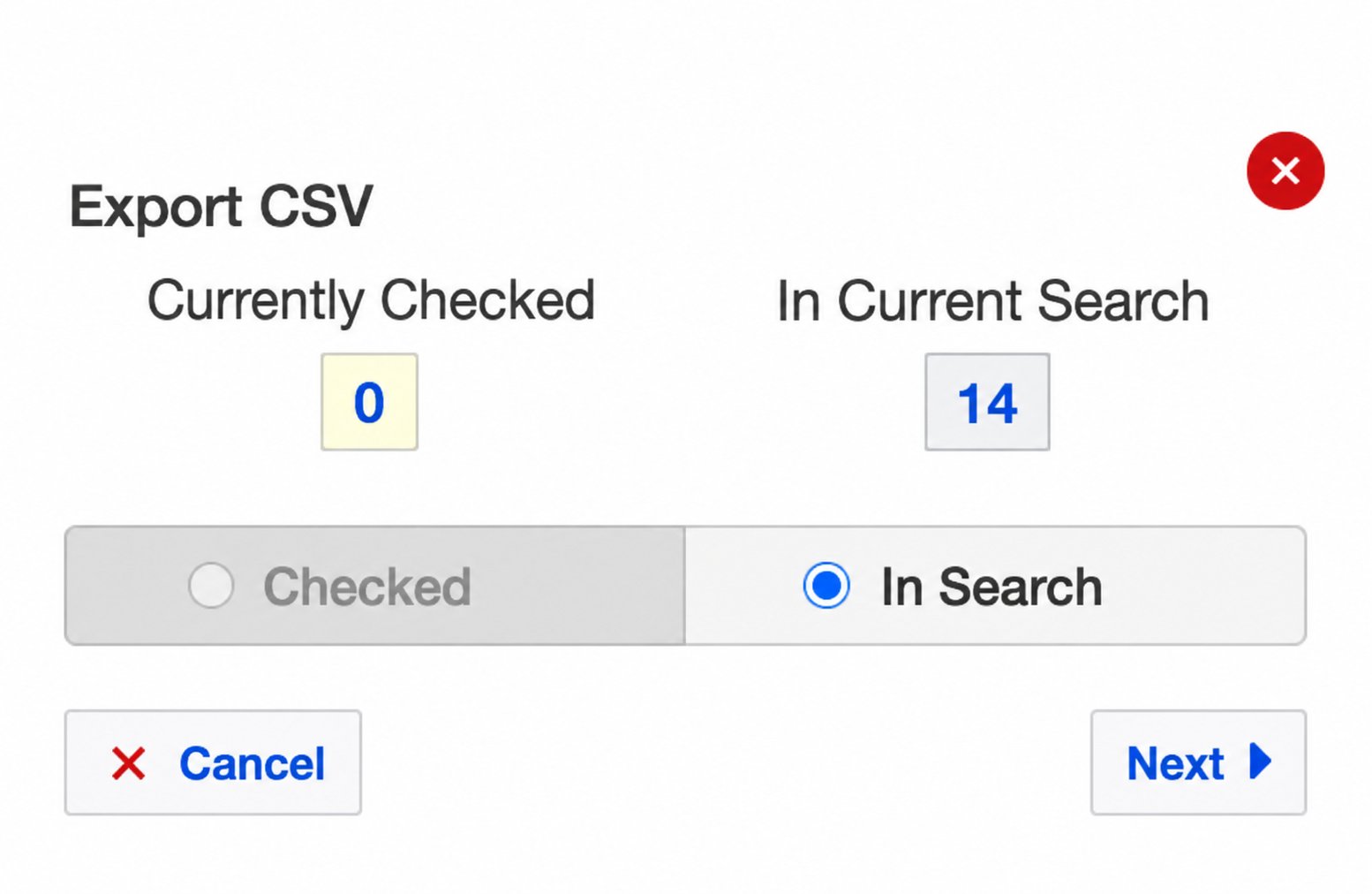 Real Geeks Export CSV dialog with In Search selected and the Next button visible
