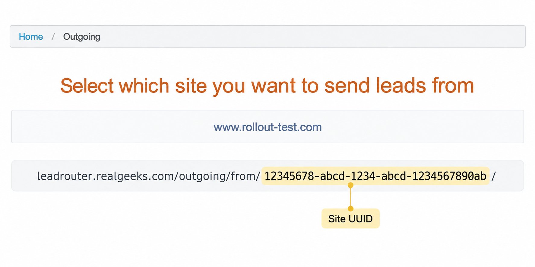 Real Geeks site selector and an example Lead Router URL with the Site UUID highlighted