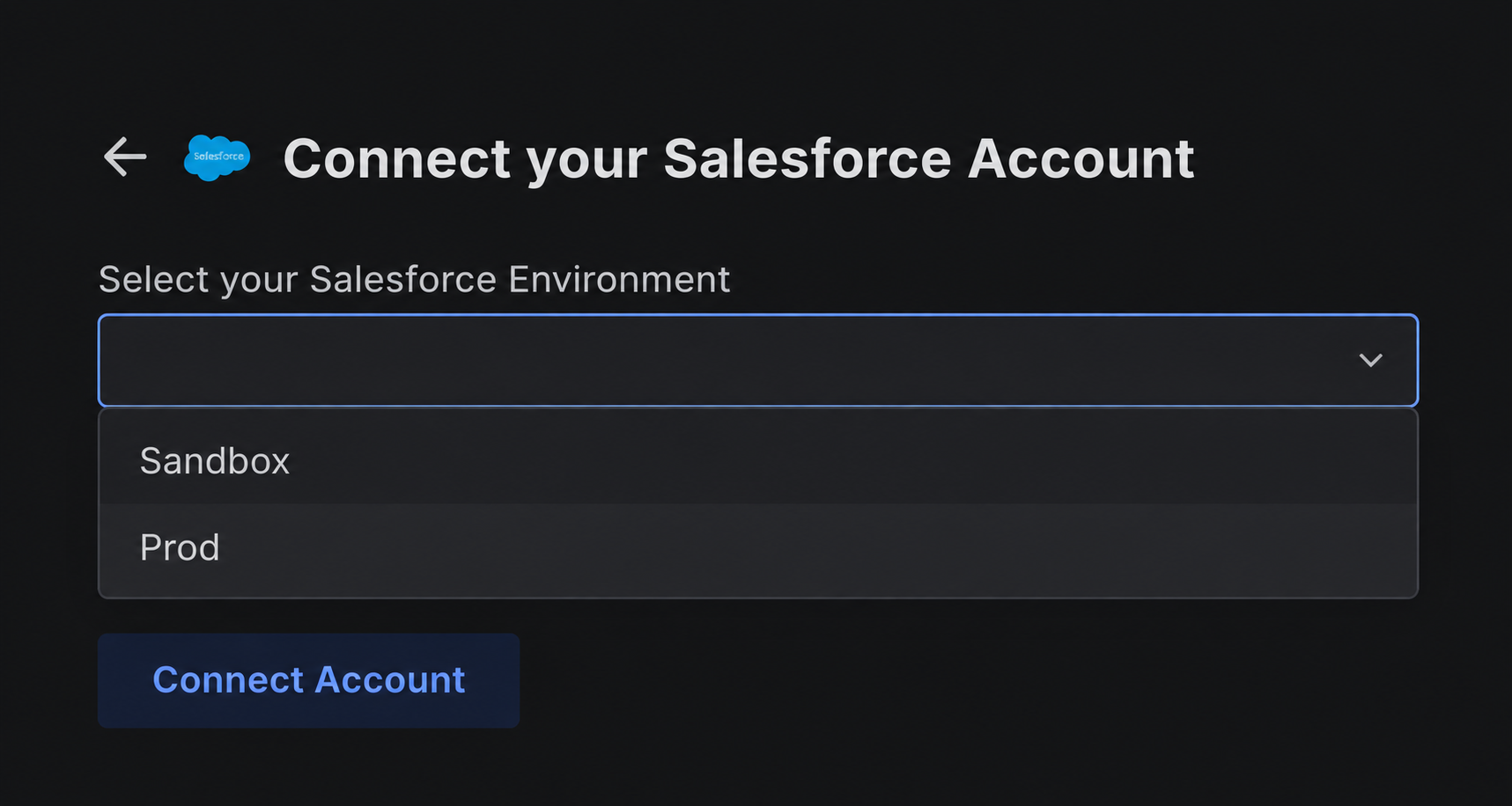 The Salesforce connection form with the environment dropdown open and Sandbox and Prod visible