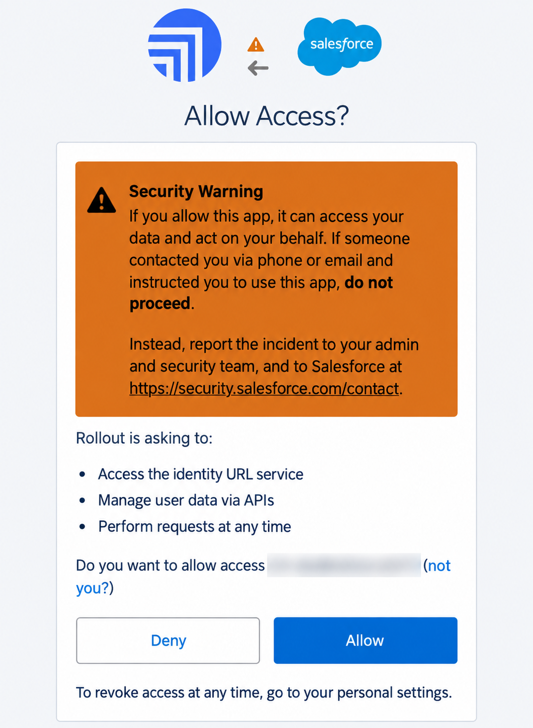 The Salesforce Allow Access page for Rollout with the Allow button visible