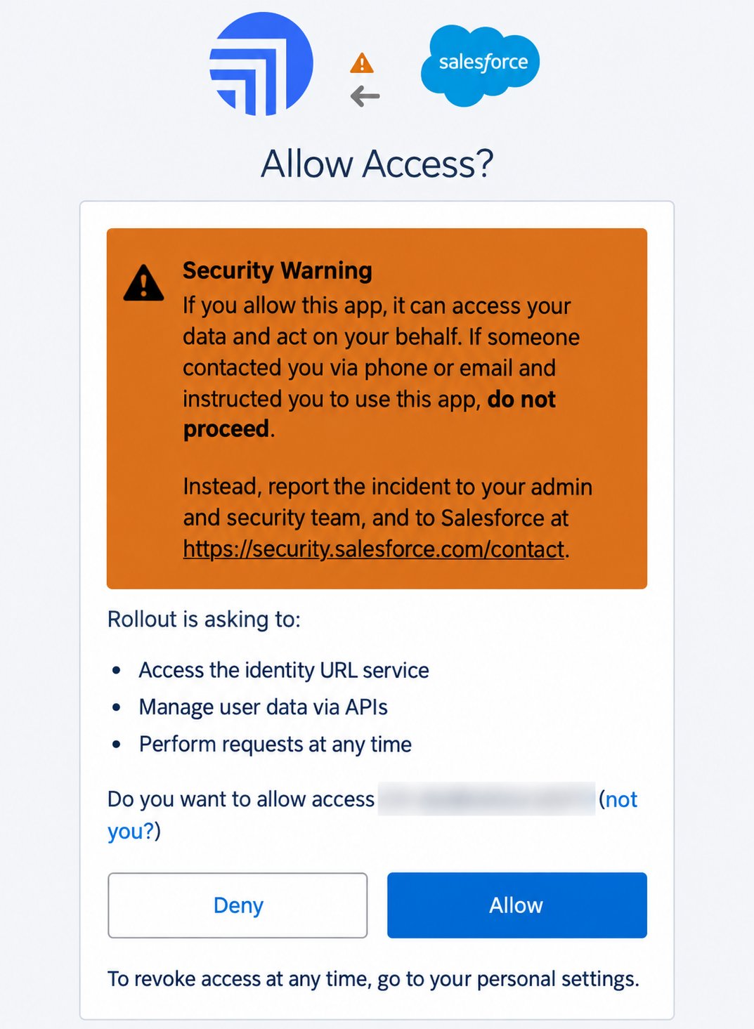 The Salesforce Allow Access page for Rollout with the Allow button visible