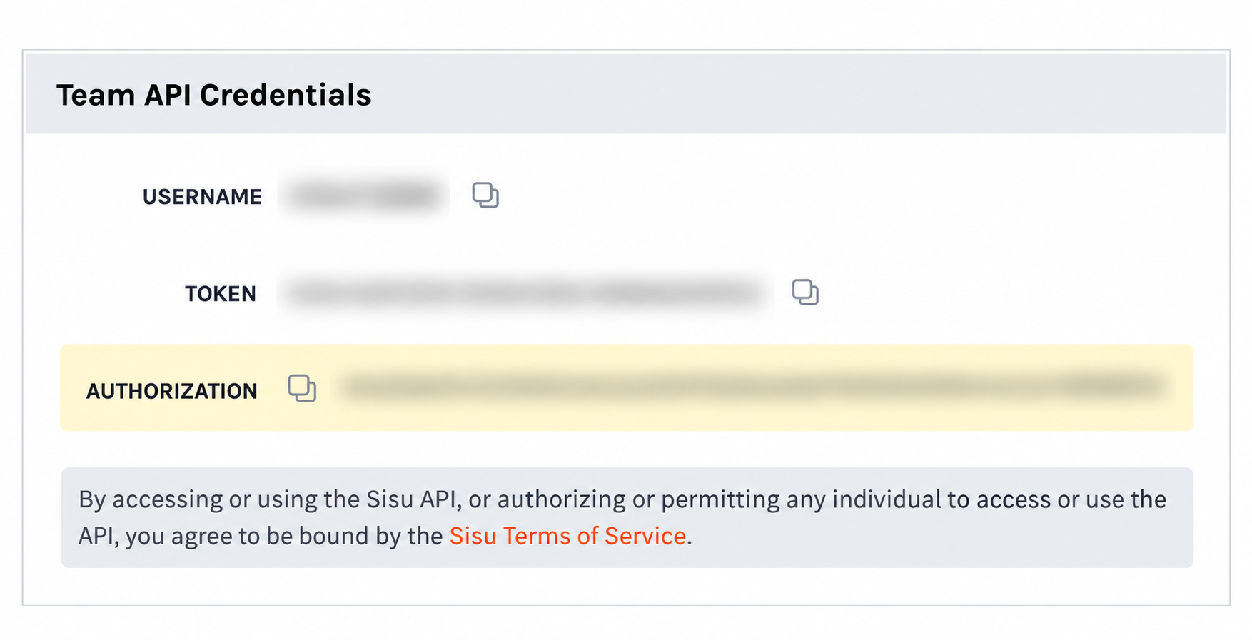 Cropped Sisu Team API Credentials panel with Authorization and its copy icon highlighted and all credential values blurred