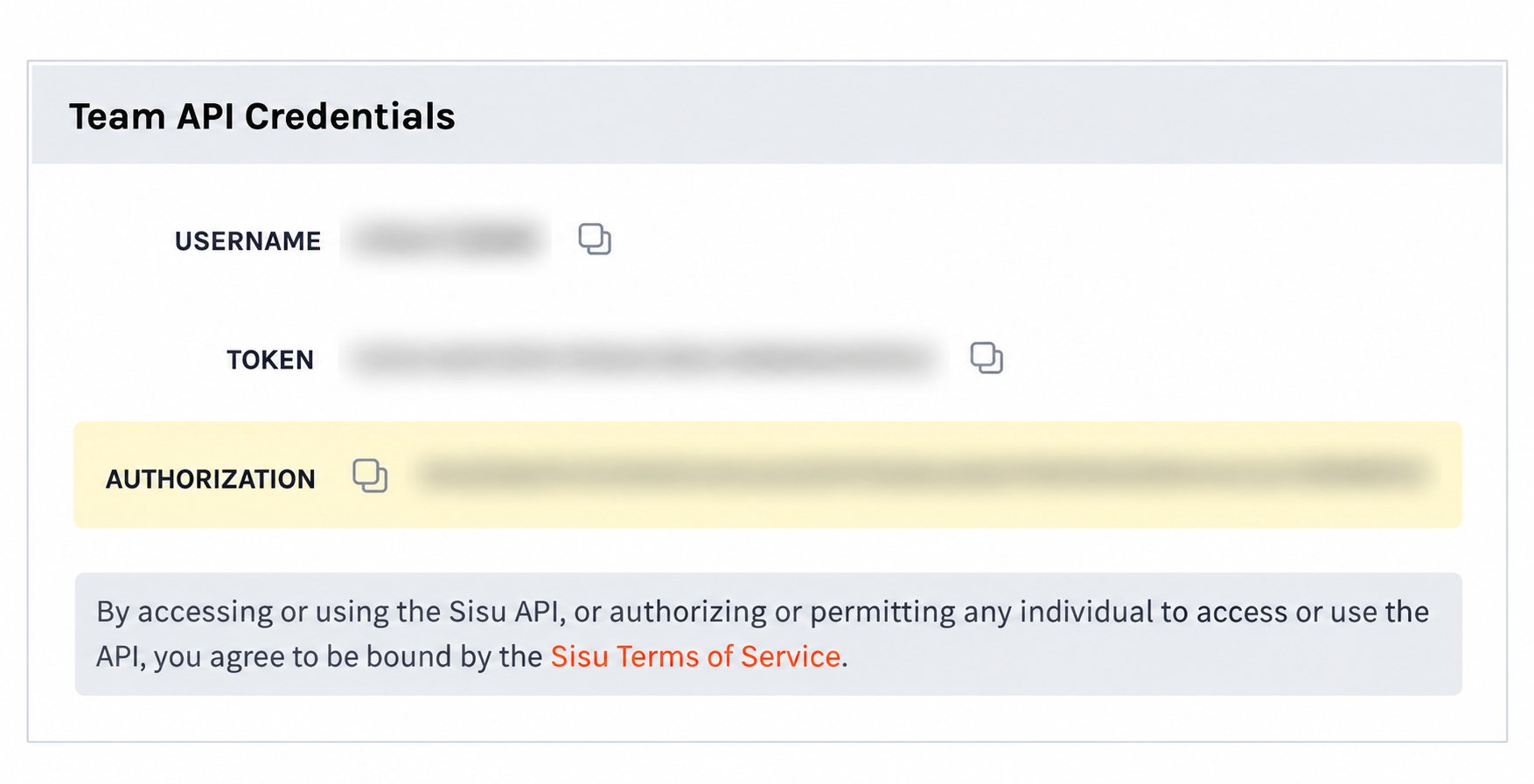 Cropped Sisu Team API Credentials panel with Authorization and its copy icon highlighted and all credential values blurred