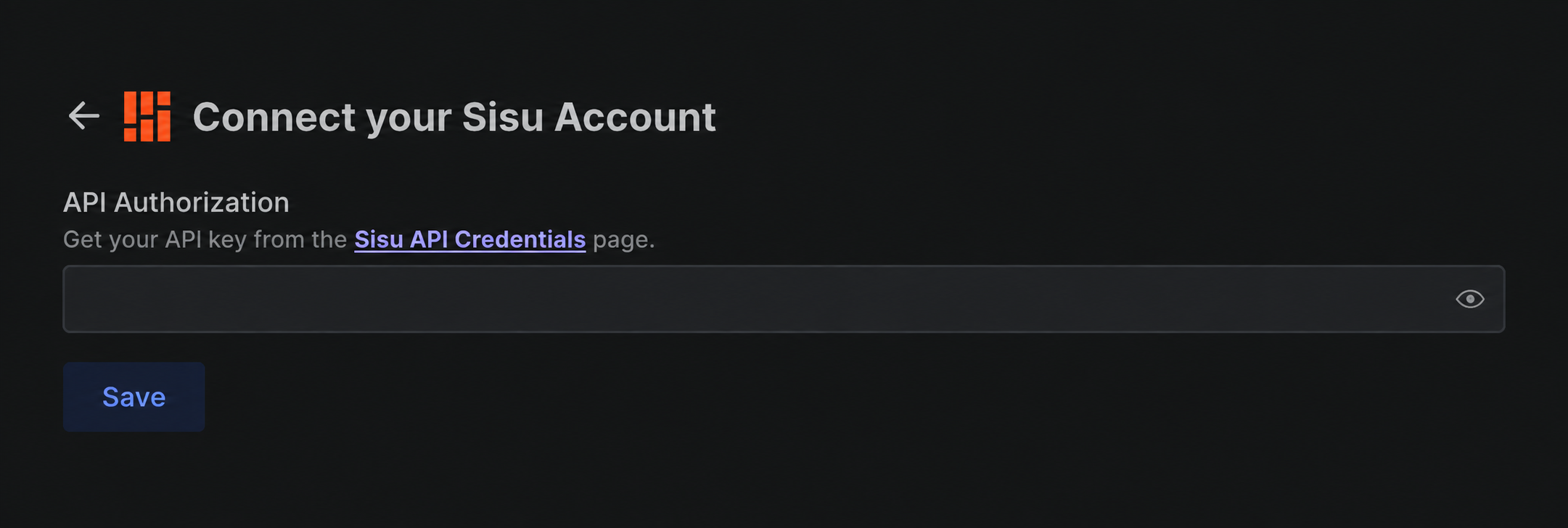 Cropped Sisu connection window showing the API Authorization field and Save button