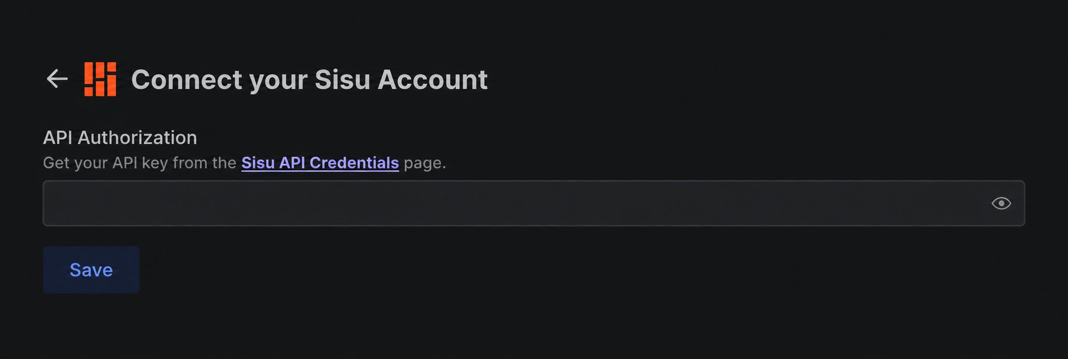 Cropped Sisu connection window showing the API Authorization field and Save button