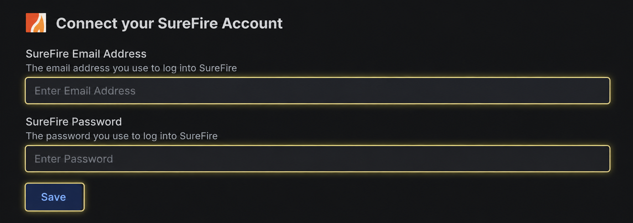 Cropped SureFire connection window with SureFire Email Address, SureFire Password, and Save highlighted