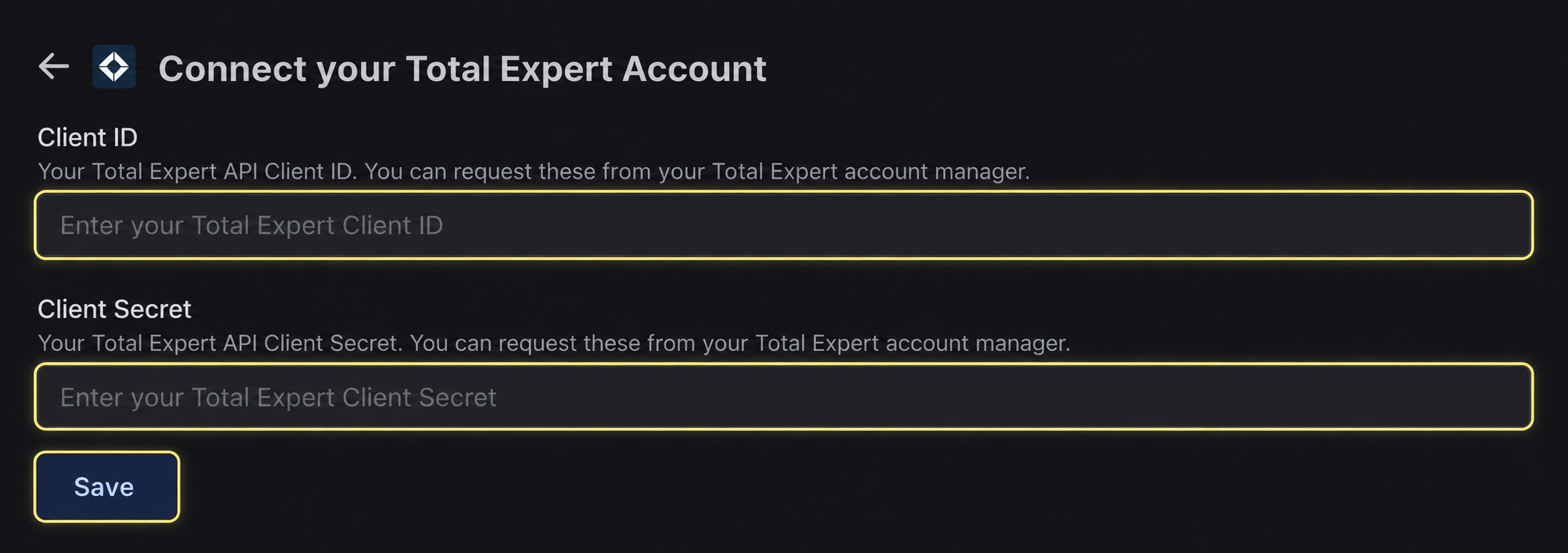 Cropped Total Expert connection form with Client ID, Client Secret, and Save highlighted