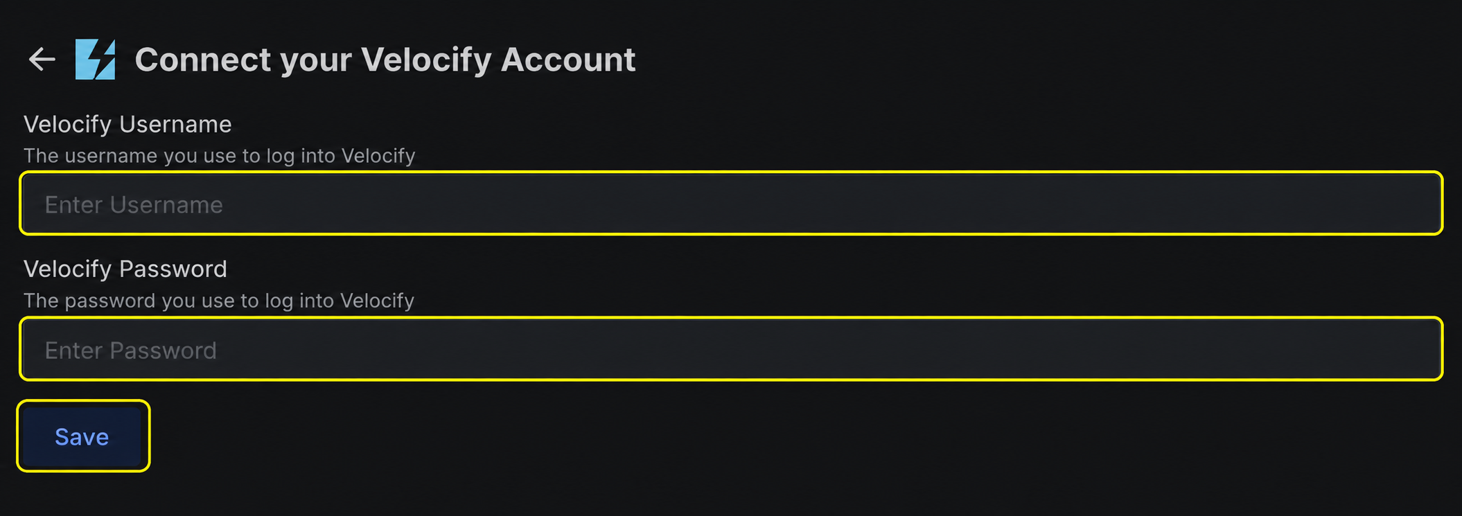 Cropped Velocify connection form with Velocify Username, Velocify Password, and Save highlighted