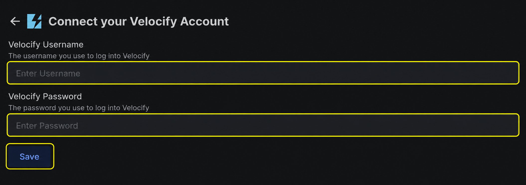 Cropped Velocify connection form with Velocify Username, Velocify Password, and Save highlighted