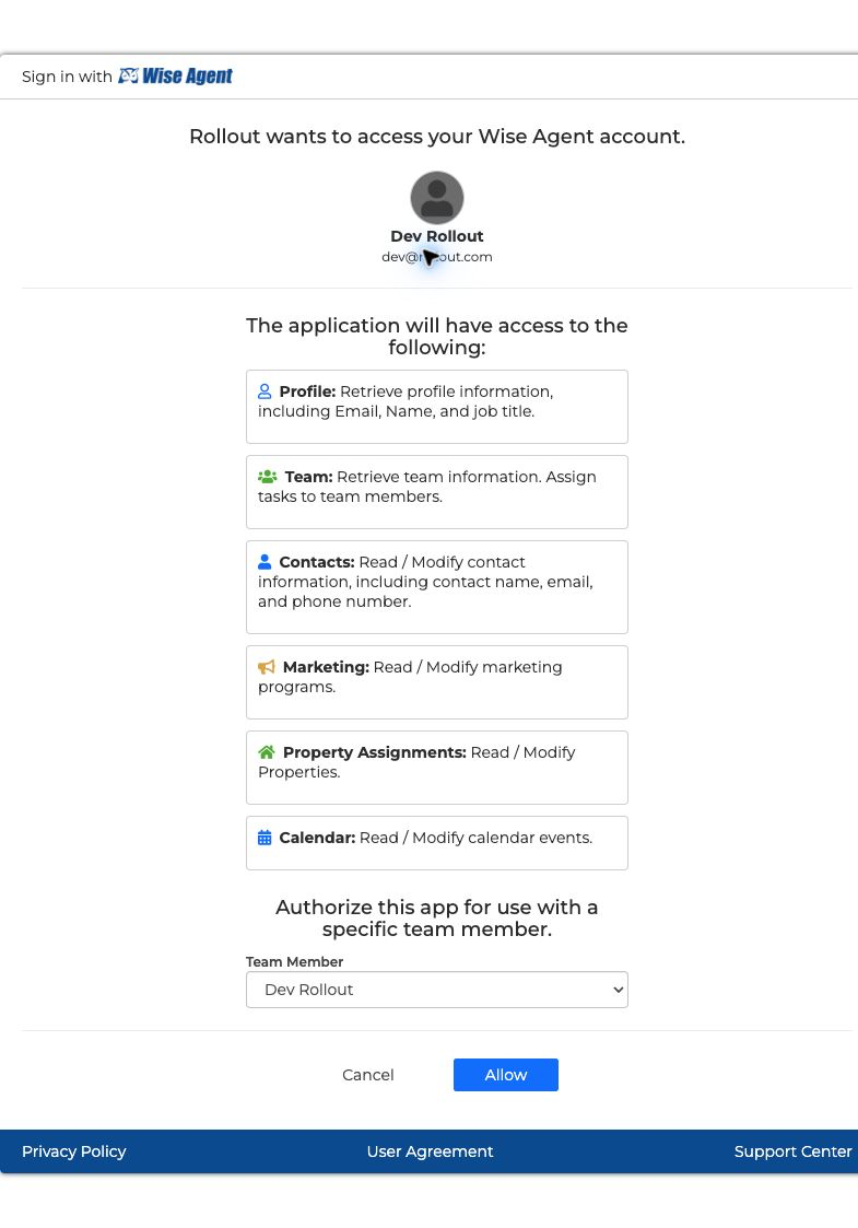 Wise Agent consent page showing the permissions requested by Rollout, the Team Member selector, and the Allow button