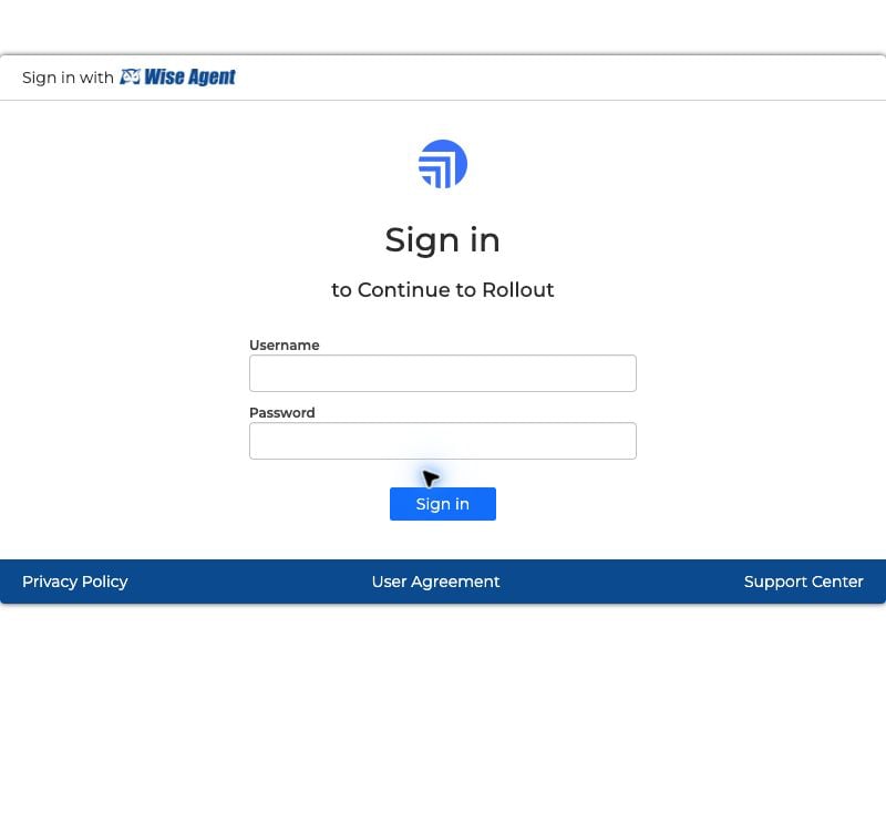 Wise Agent authorization sign-in page identifying Rollout, with Username and Password fields and the Sign in button