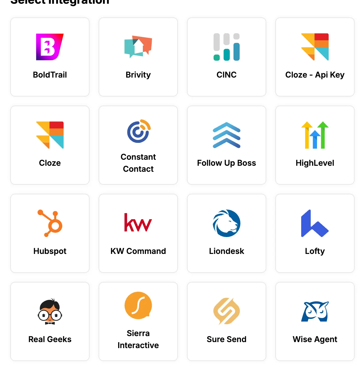 Select integration grid (light mode)
