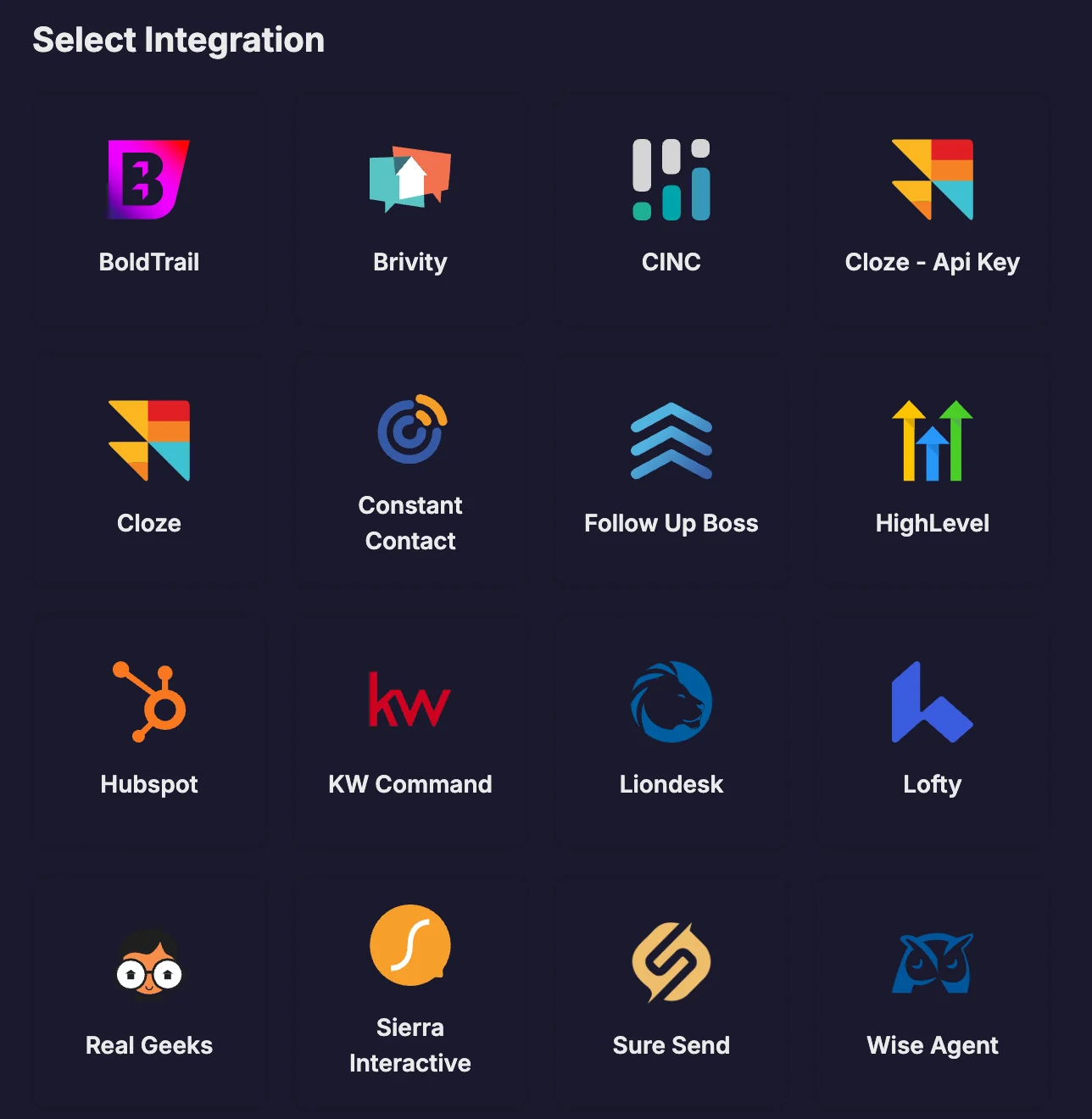 Select integration grid (dark mode)