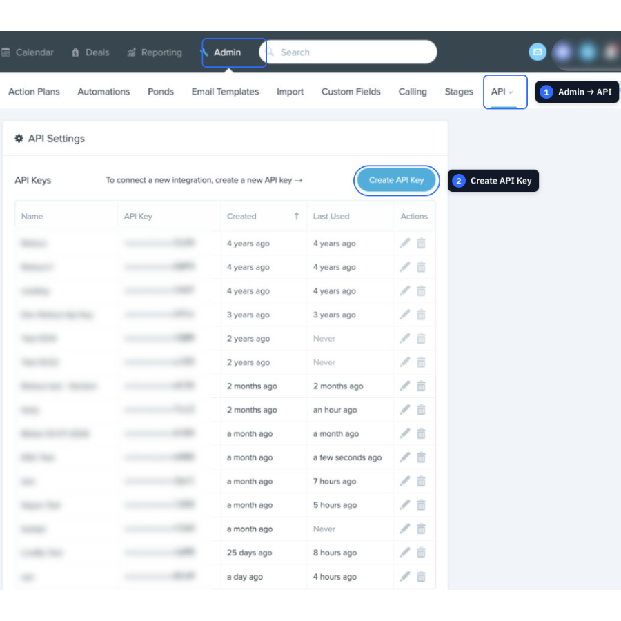 A mobile close-up of the Follow Up Boss API Settings page with Admin, API, and Create API Key highlighted