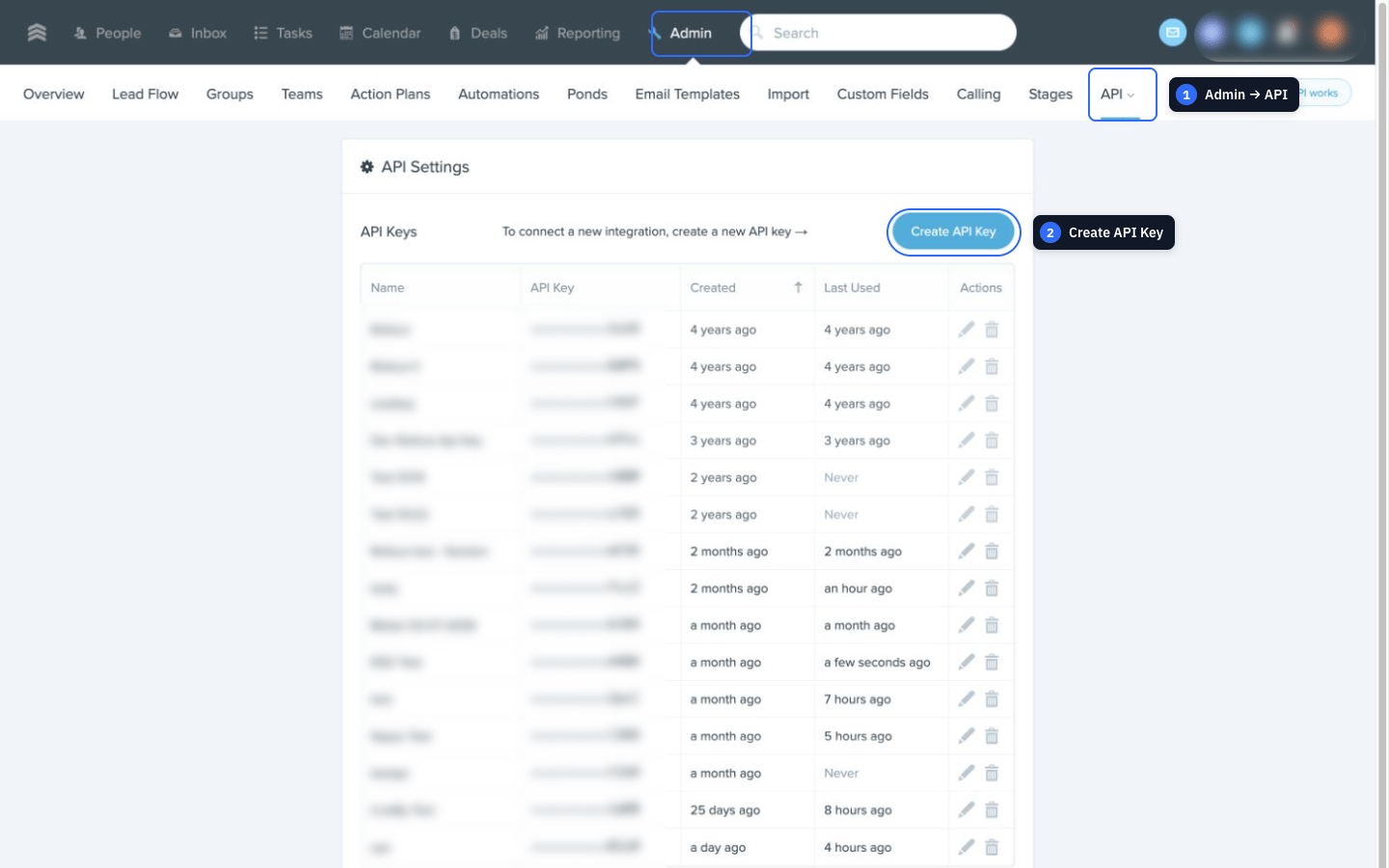 The Follow Up Boss API Settings page with Admin, API, and Create API Key highlighted and account-specific information gently blurred