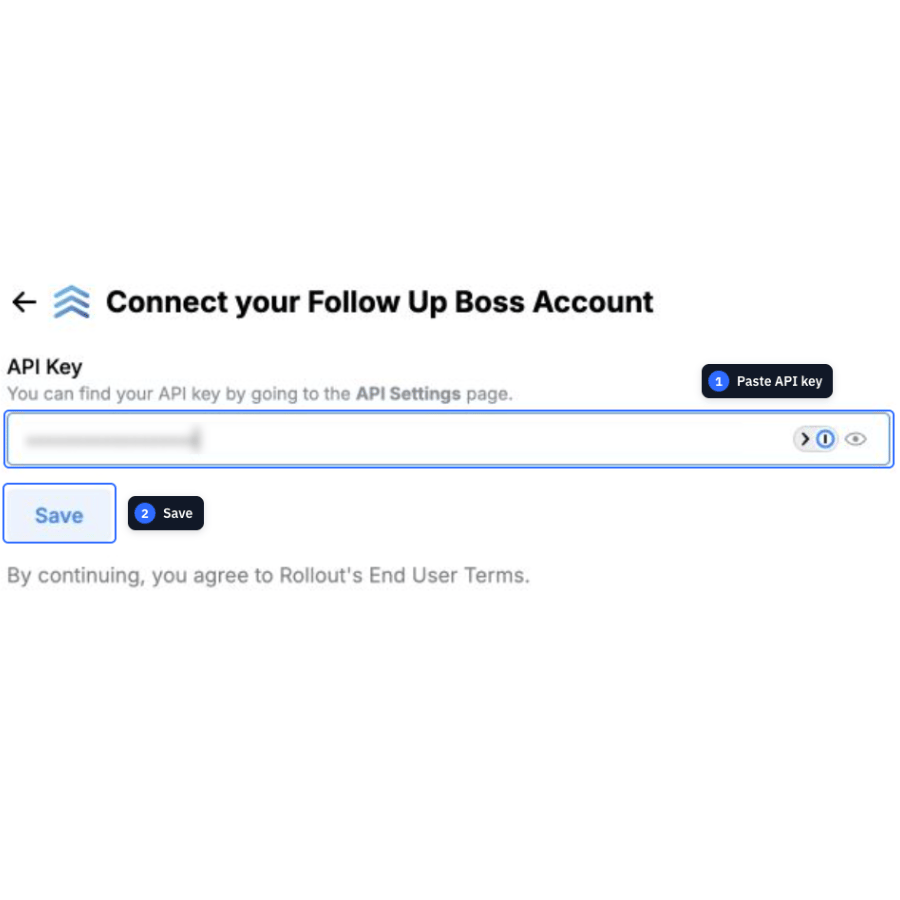 A mobile close-up of the Rollout demo app with the API Key field and Save button highlighted
