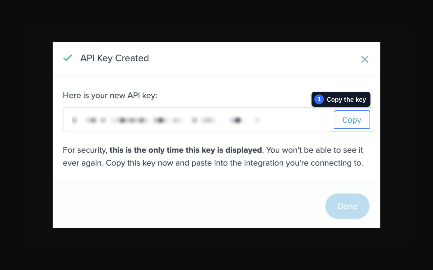 The Follow Up Boss API Key Created window with the key gently blurred and Copy highlighted