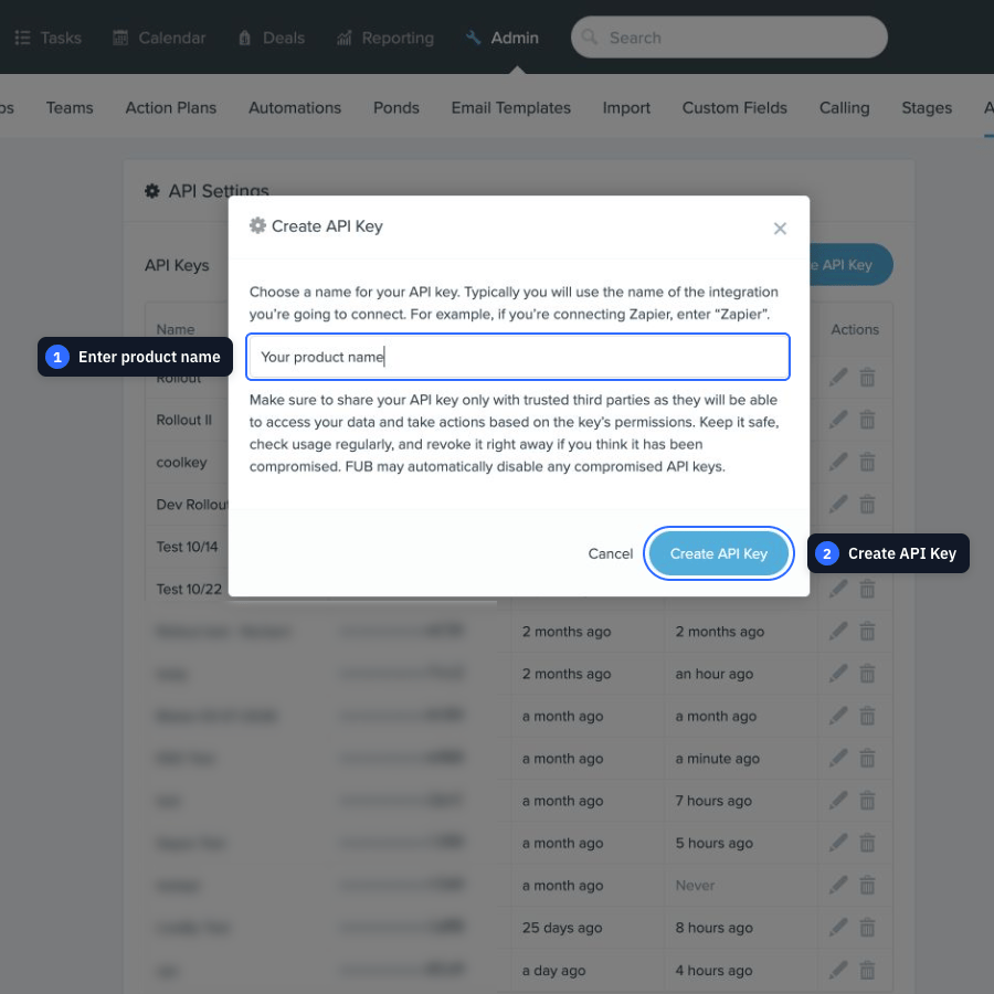 A mobile close-up of the Follow Up Boss Create API Key window with the product name field and Create API Key button highlighted