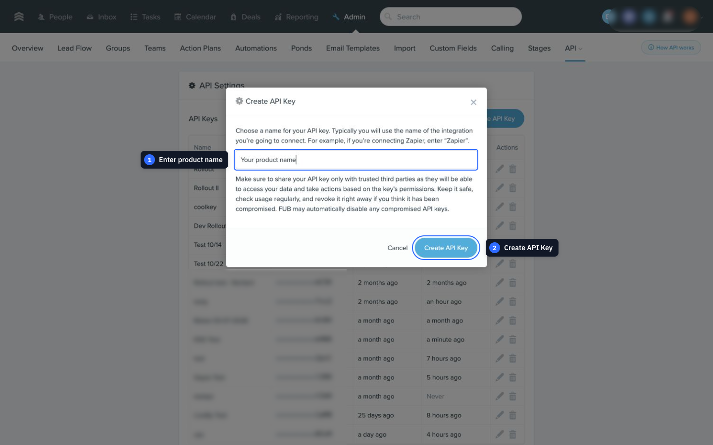 The Follow Up Boss Create API Key window with the product name field and Create API Key button highlighted