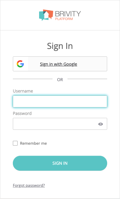 Brivity's sign-in panel with Username, Password, Sign In, and Forgot password controls