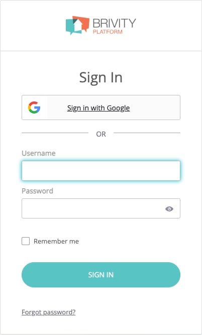 Brivity's sign-in panel with Username, Password, Sign In, and Forgot password controls