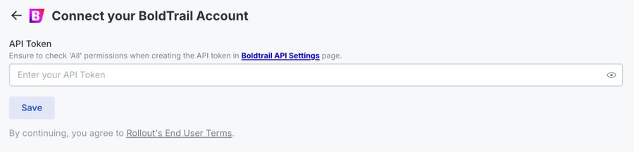 A mobile close-up of the BoldTrail API Token field and Save button