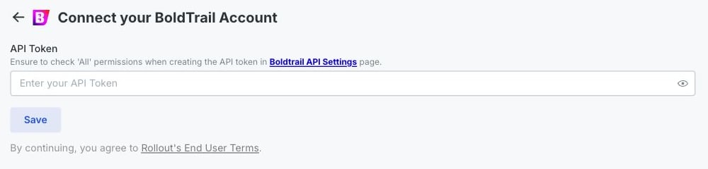 The Rollout-powered BoldTrail connection form with the API Token field and Save button highlighted