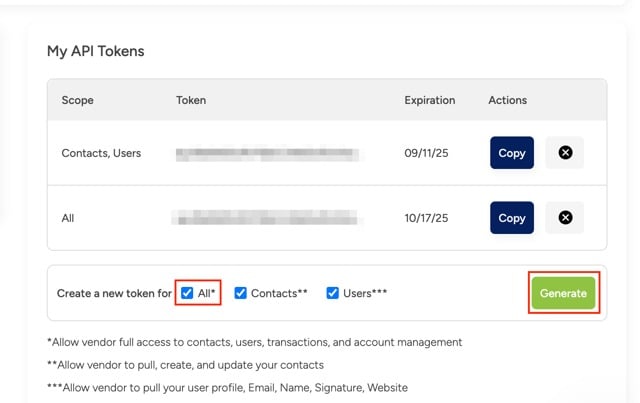A close-up of the BoldTrail My API Tokens section with All and Generate highlighted